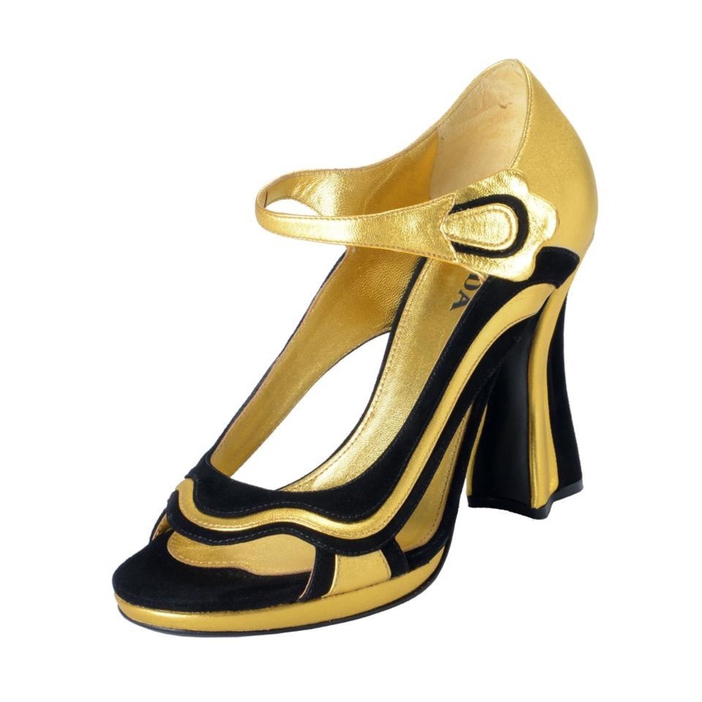 Prada black suede, gold leather heels